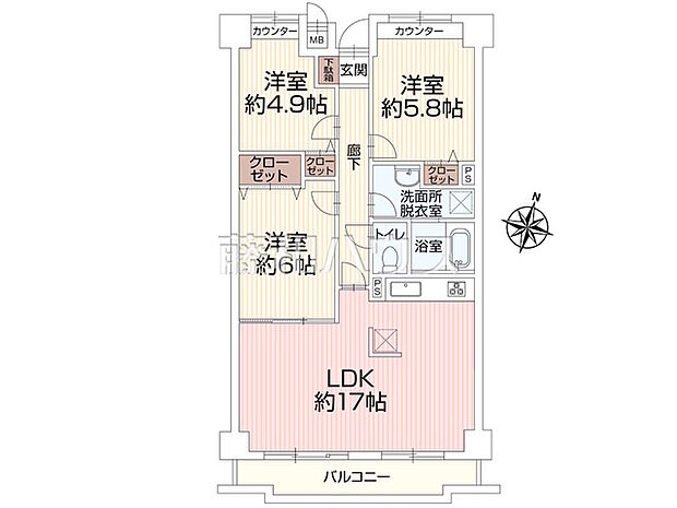 エクステ京王堀之内(3LDK) 6階/6階の間取り図