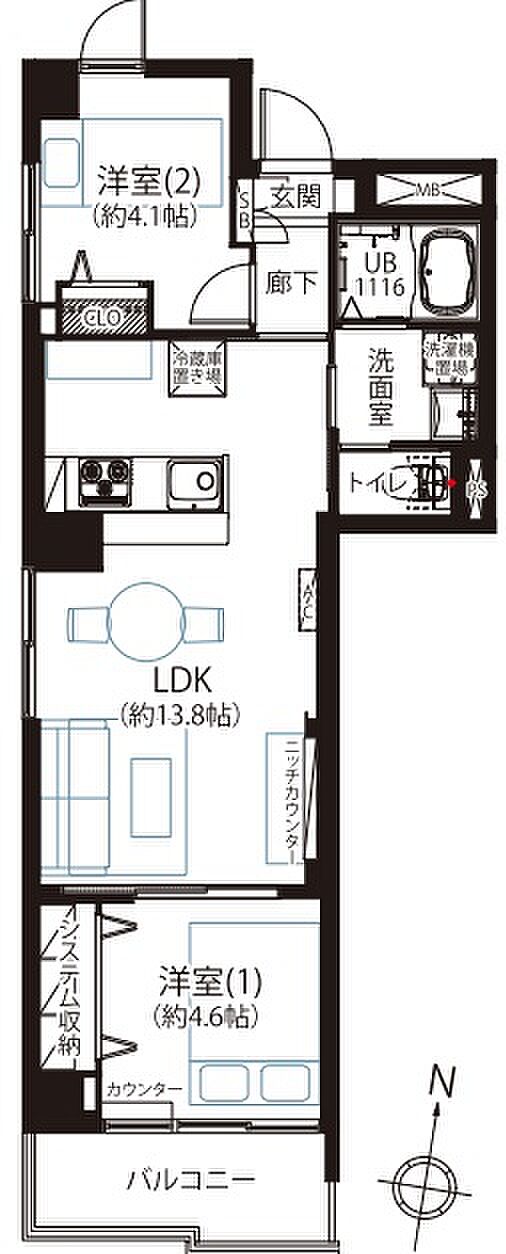 本郷マンション(2LDK) 2階の間取り図