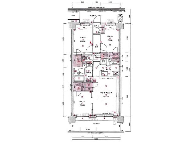 間取り　3LDK、価格3800万円、専有面積68.44m2、バルコニー面積10.62m2