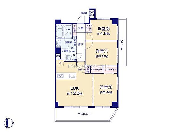 ライオンズマンション小平第5(3LDK) 2階の間取り図