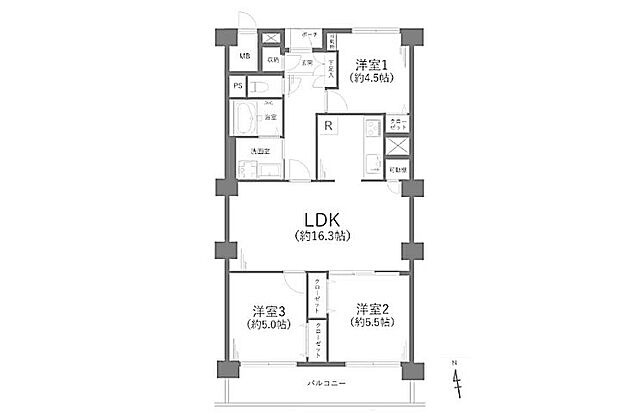 武蔵野スカイハイツ(3LDK) 10階/10階の間取り図