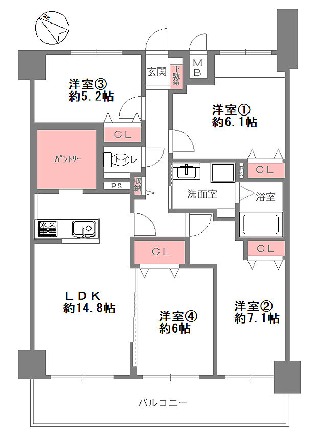 グランドール緑地公園(4LDK) 3階の間取り図