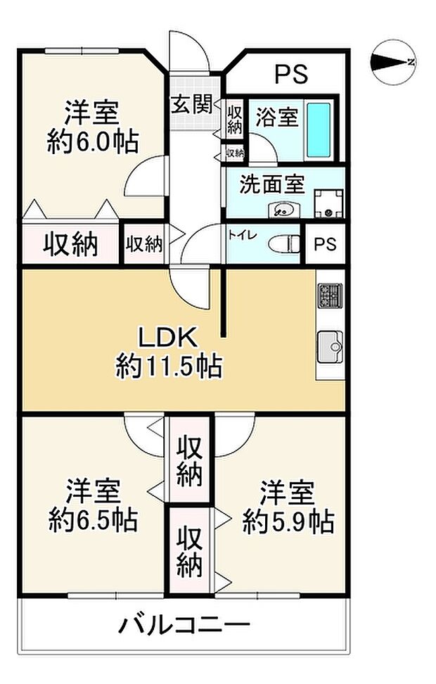 鶴見緑地コーポ(3LDK) 8階の間取り図