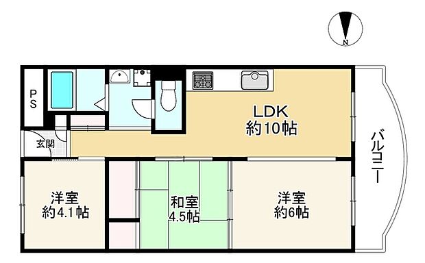 労住かどまハイツＡ棟(3LDK) 6階の間取り図