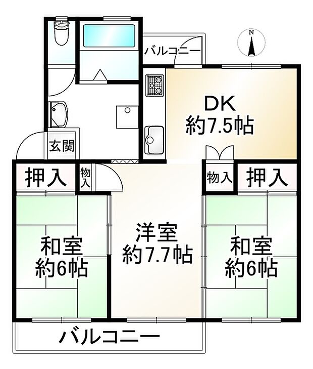 香里三井Ｈ住宅99号棟(3DK) 2階の内観