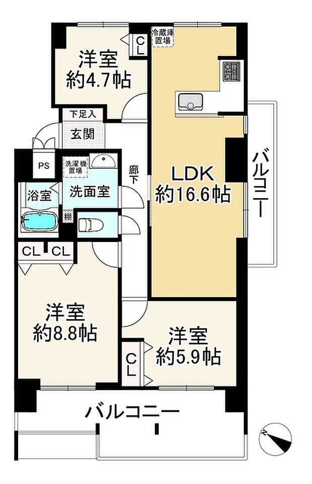 公社山田西団地Ａ8棟(3LDK) 1階の間取り図