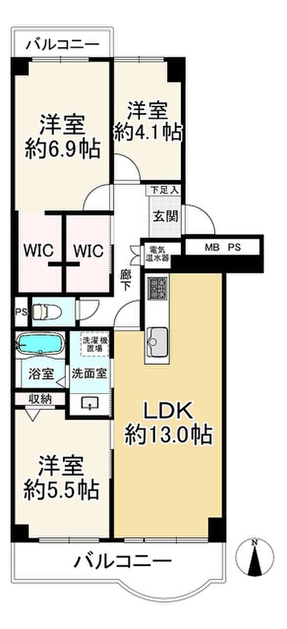 ユニハイム千里丘1号棟(3LDK) 9階の間取り図