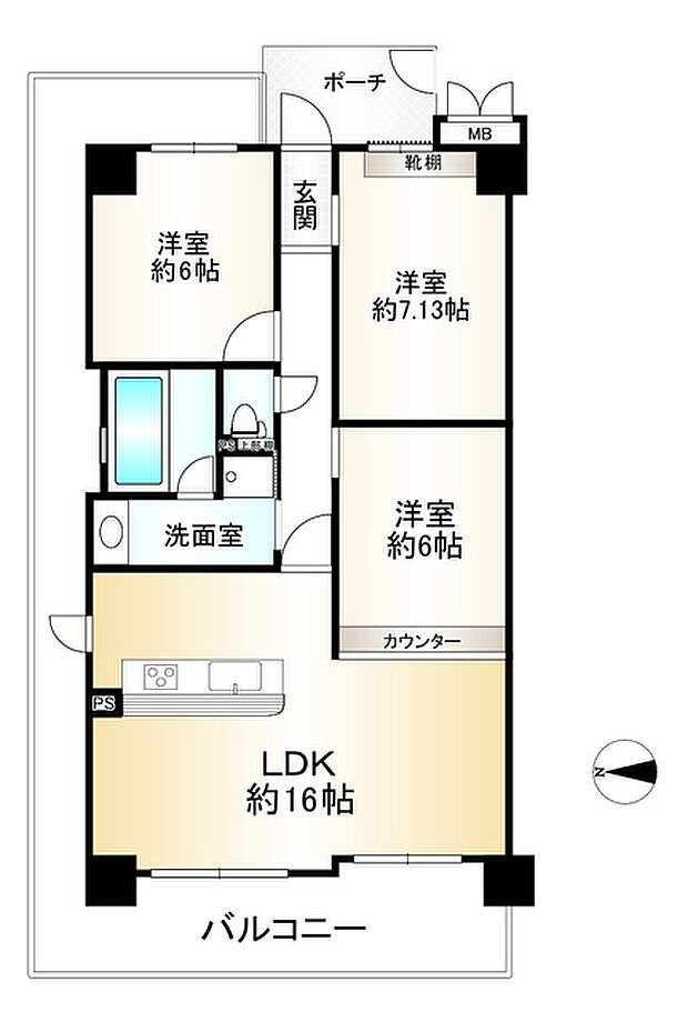 フルレ新石切(3LDK) 13階の間取り図