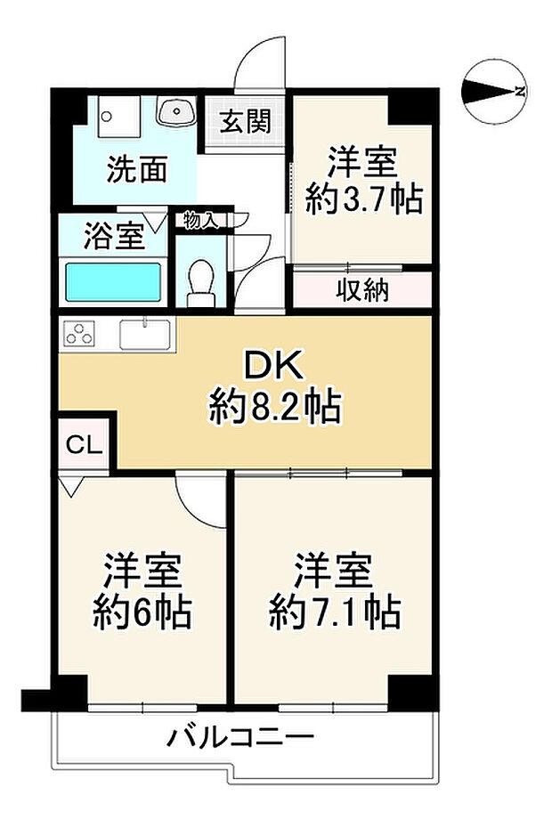 シャルム久宝寺緑地(3DK) 7階の間取り図