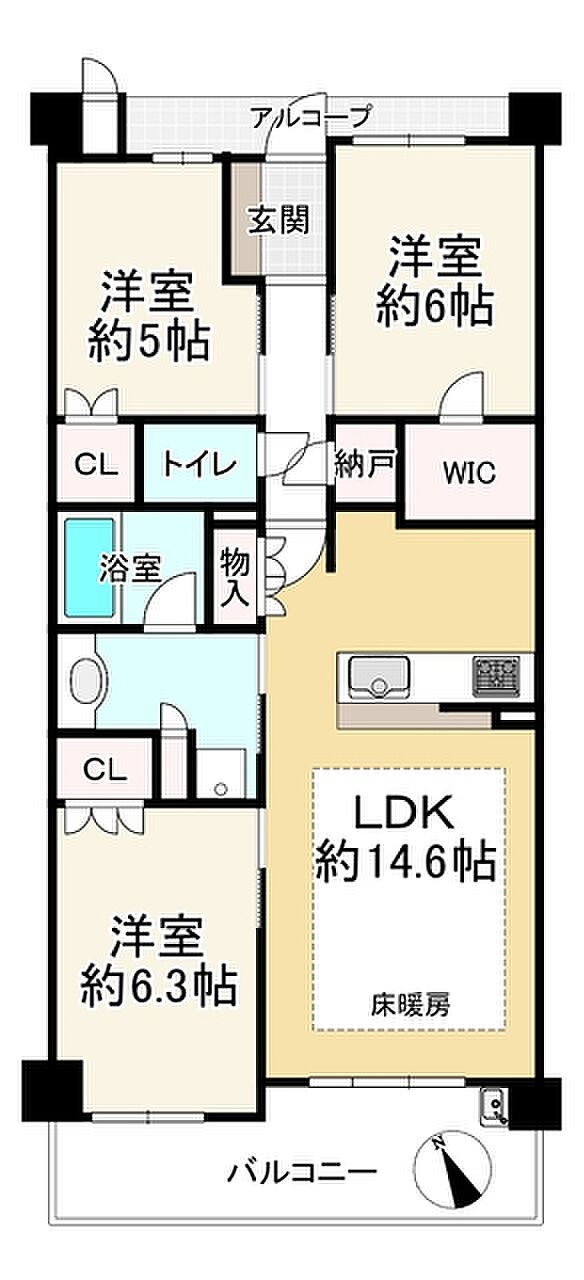 ユニハイム浜寺諏訪ノ森(3SLDK) 3階の間取り図