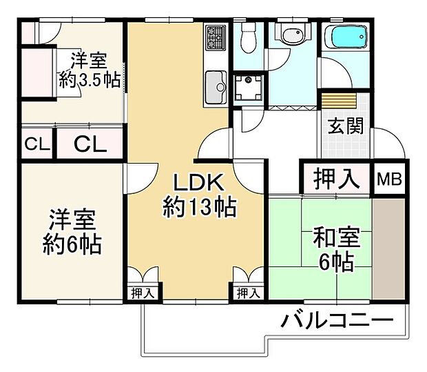 香里ヶ丘住宅1号棟(3LDK) 4階の間取り図