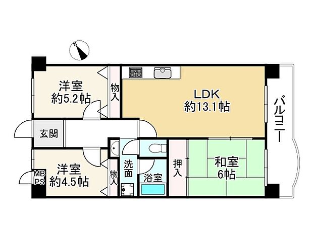 加古川グリーンシティＢ棟(3LDK) 2階の間取り図