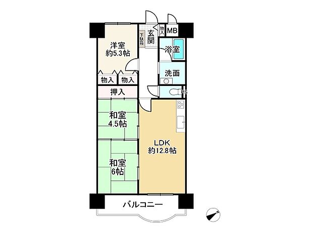 加古川グリーンシティＢ棟(3LDK) 2階の間取り図