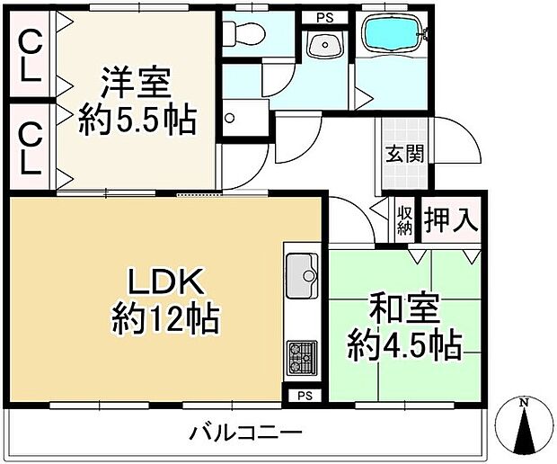 釈尊寺第一住宅第12号棟(2LDK) 2階の間取り図