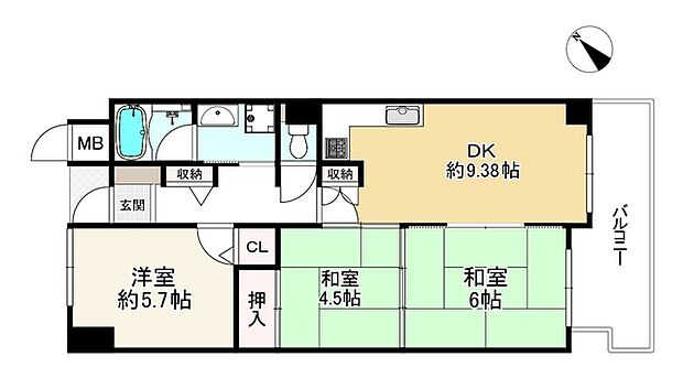 阪神住建グランソフィア守口(3DK) 9階の間取り図