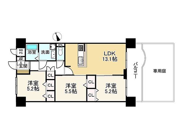 加古川グリーンシティE棟(3LDK) 1階の間取り図