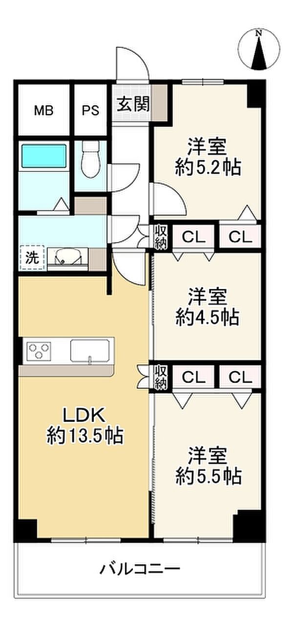 新北島コーポ1号棟(3LDK) 5階の間取り図