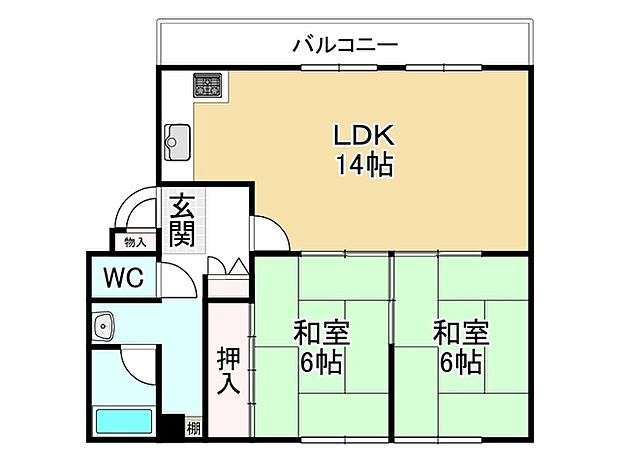 椥辻フラワーハイツ(2LDK) 3階の間取り図