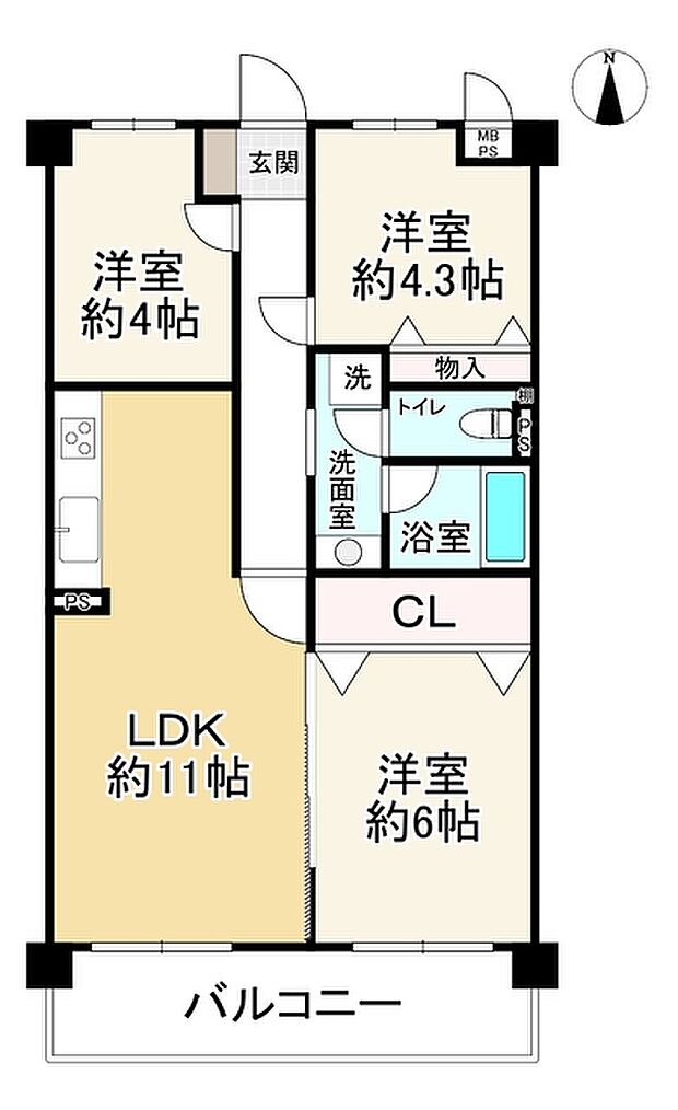 エメラルドマンション鶴見緑地(3LDK) 2階の間取り図
