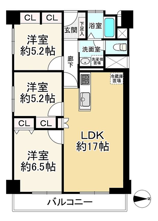 北摂マンション(3LDK) 3階の間取り図
