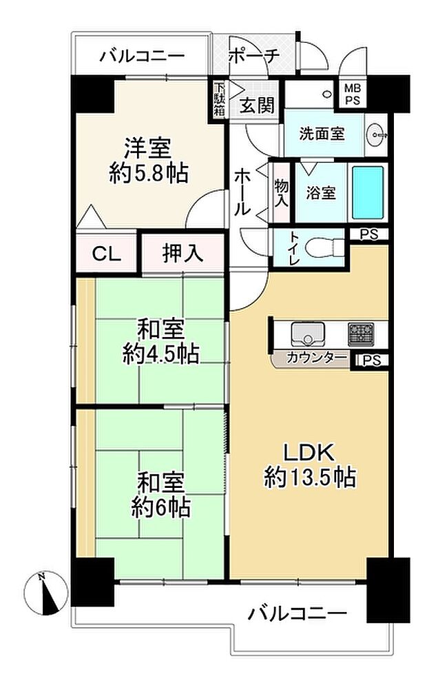 ライオンズマンション豊中上野東(3LDK) 6階の間取り図