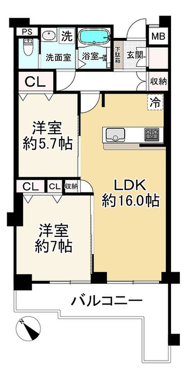 プレジデント箕面Ａ棟(2LDK) 7階の間取り図