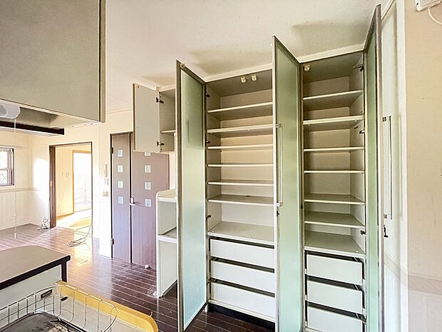 作業スペースにゆとりのあるL型キッチンです。キッチン横にパントリー収納棚があります♪