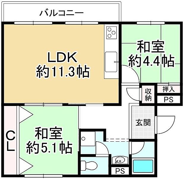 釈尊寺第一住宅第12号棟(2LDK) 1階の間取り図