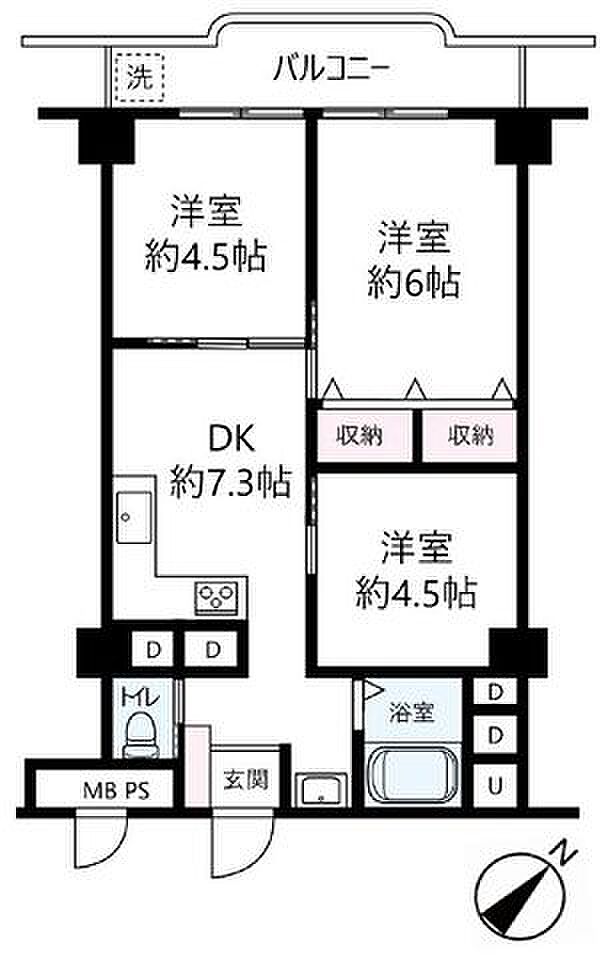 市川サニーハイツ(3DK) 4階の間取り図