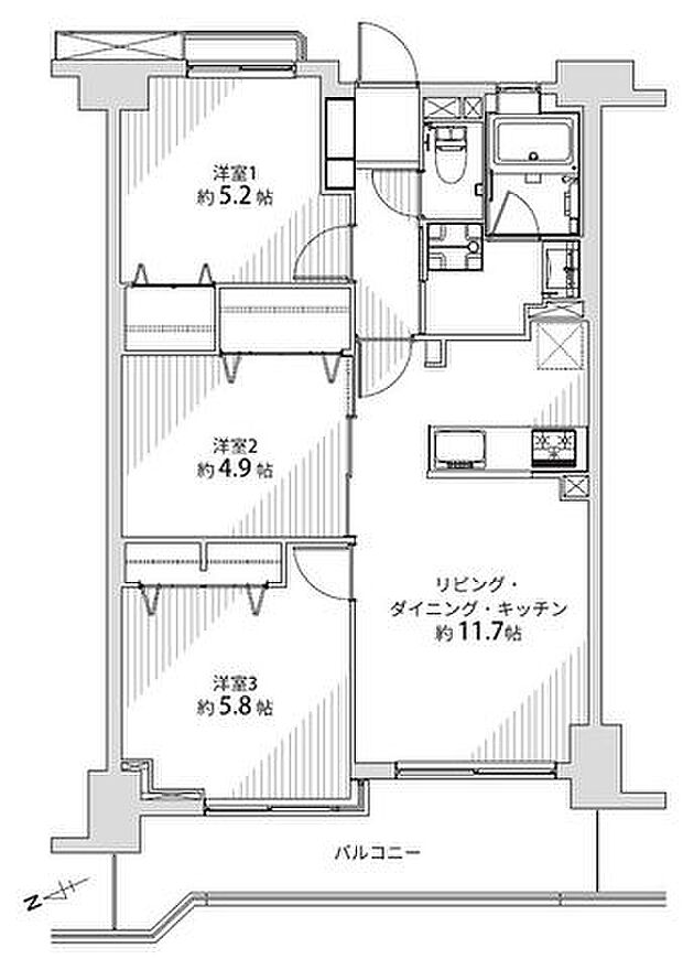 クリオ原木中山壱番館(3LDK) 5階の間取り図