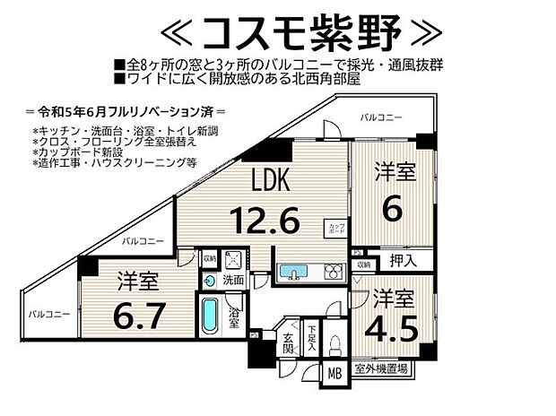 コスモ紫野(3LDK) 3階の間取り図