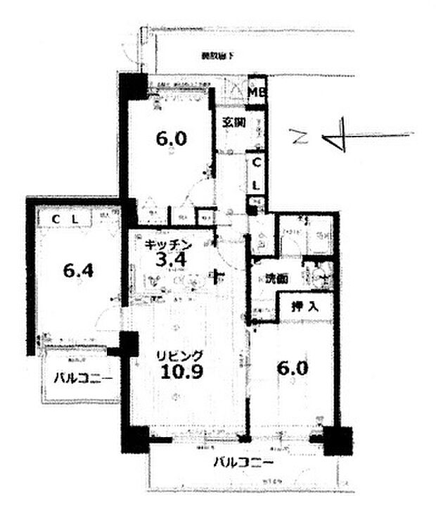 ５階・角部屋（バルコニー２ヶ所）　３ＬＤＫ　６８．６９ｍ2（内法）カウンターキッチン　各室に収納スペースあり