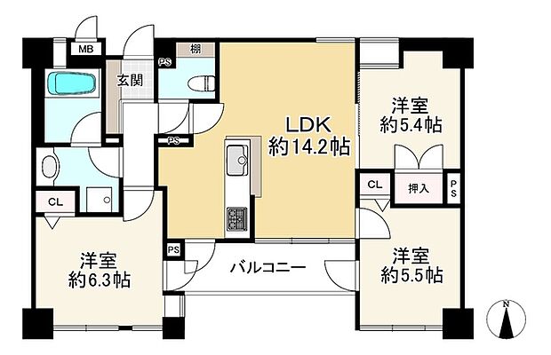 パレ北武庫之荘5(3LDK) 3階の間取り図