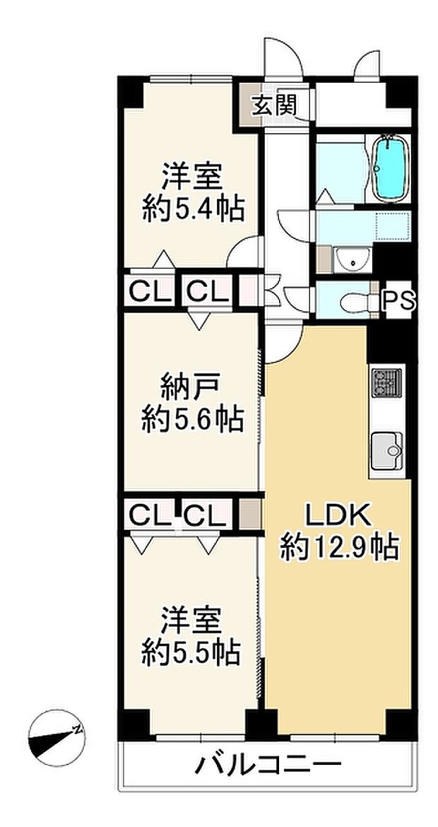シャトー宿院(2SLDK) 12階の間取り図