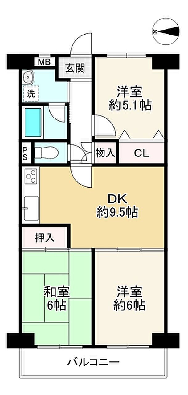 帝塚山グリーンハイツＡ棟(3LDK) 3階の間取り図