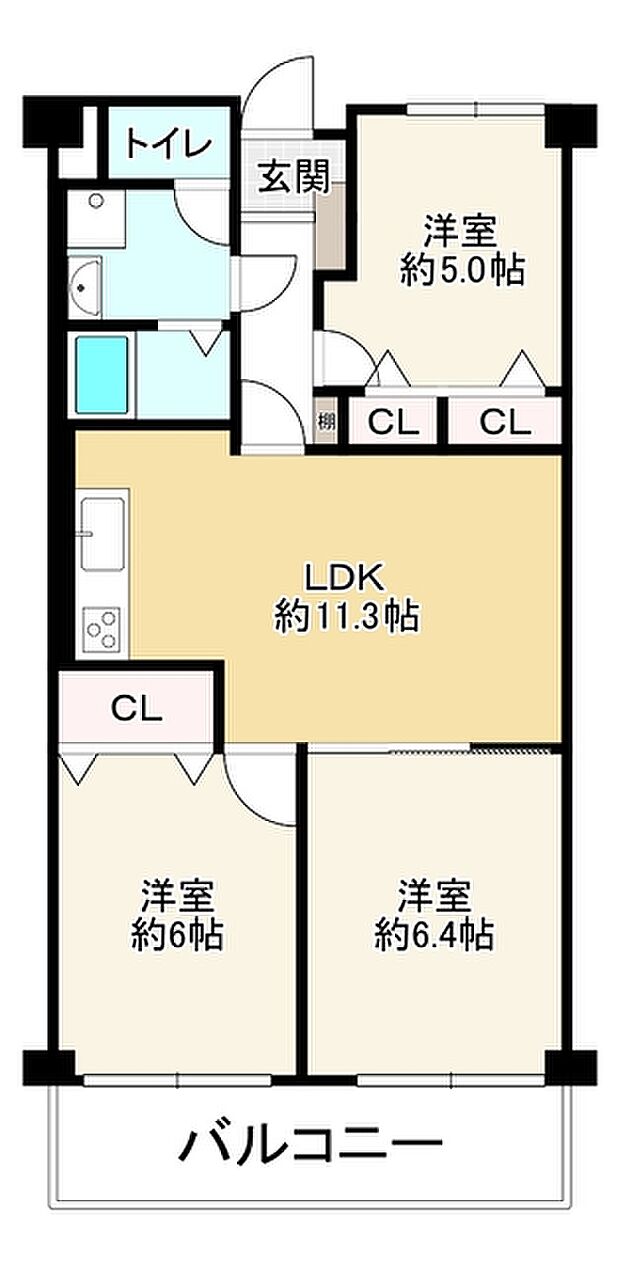 ユニハイム平野北(3LDK) 3階の間取り図