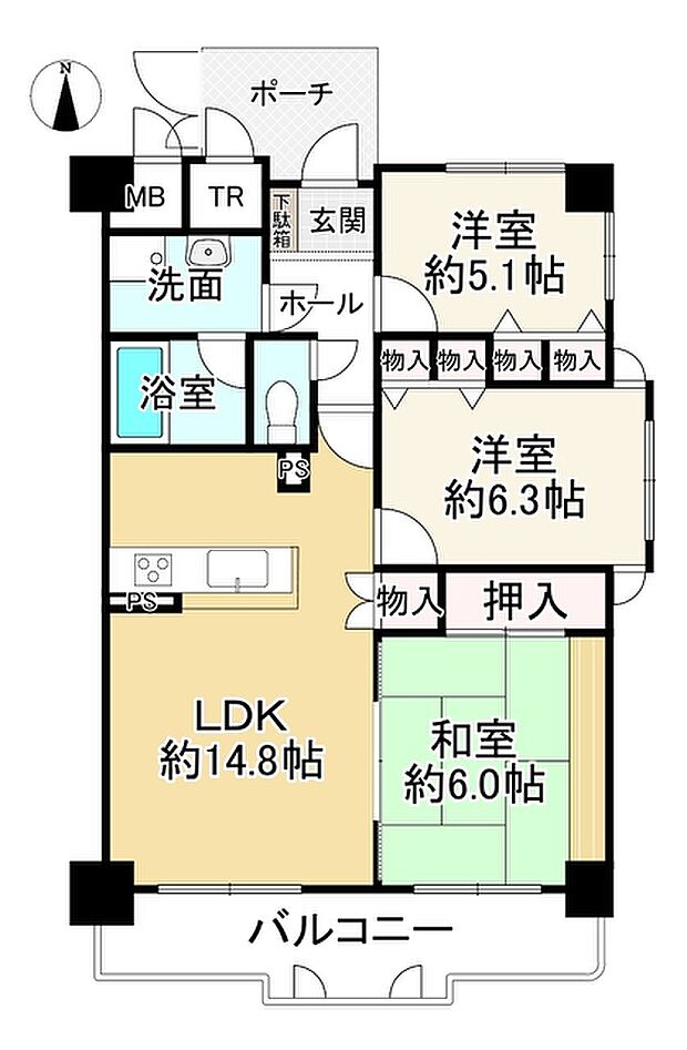 ライオンズマンション学園前第二(3LDK) 1階の間取り図
