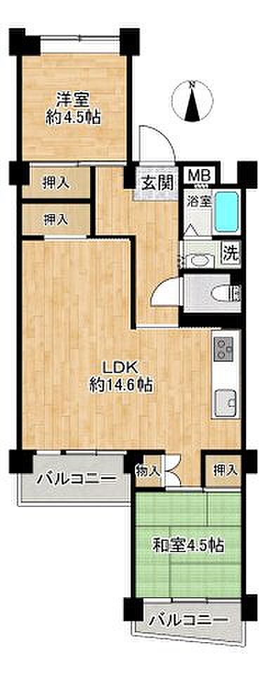 南永田団地1-1棟(2LDK) 9階の間取り図