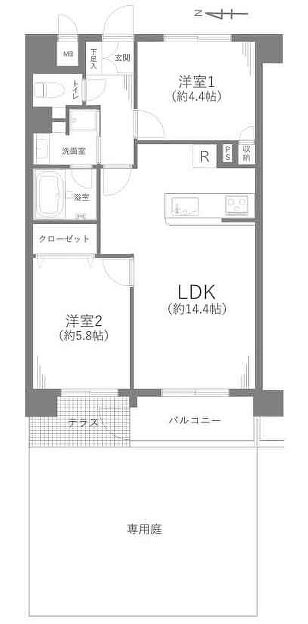 2LDK＋専用庭＋テラス　LDK14.4帖