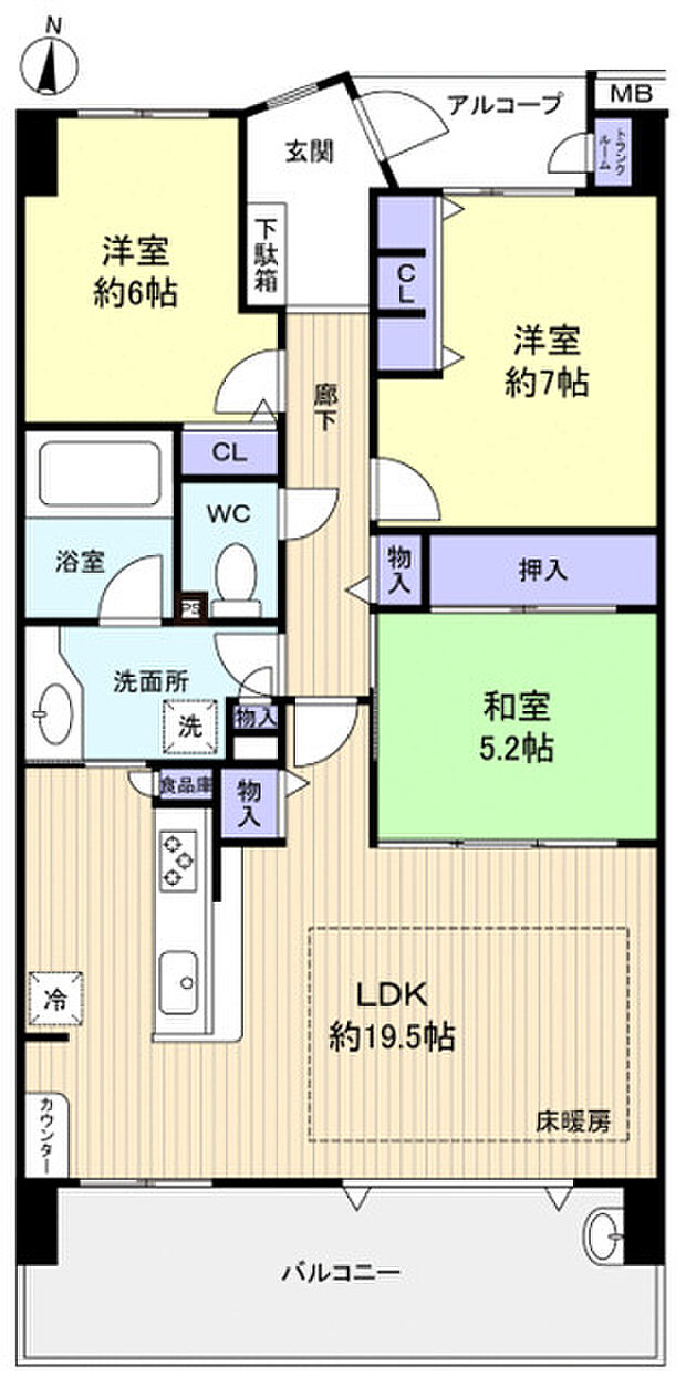 約19.5帖の広々としたLDKが魅力的な3LDKです