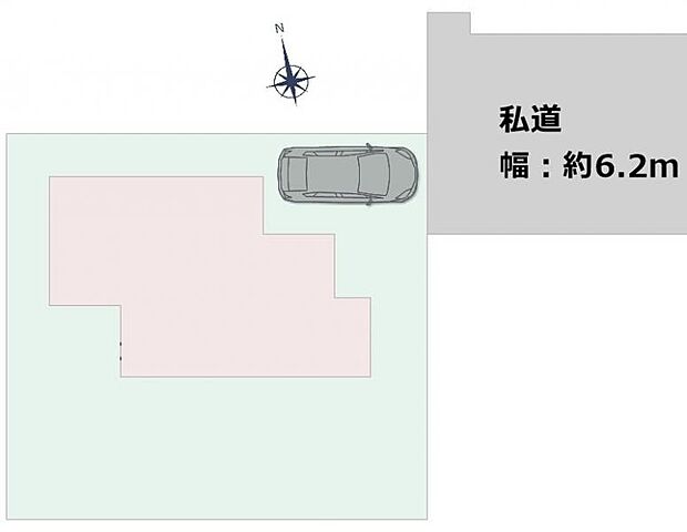 （区画図）駐車スペースは1台分。ゆとりの前面道路で駐車も落ち着いてできそうです。
