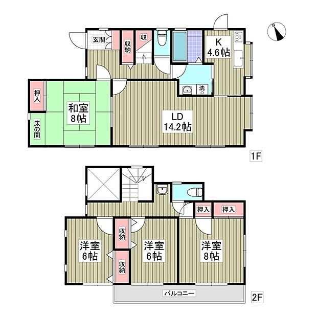全居室南東向の明るい戸建4LDK。1階に8帖和室があるので来客時にも便利です。