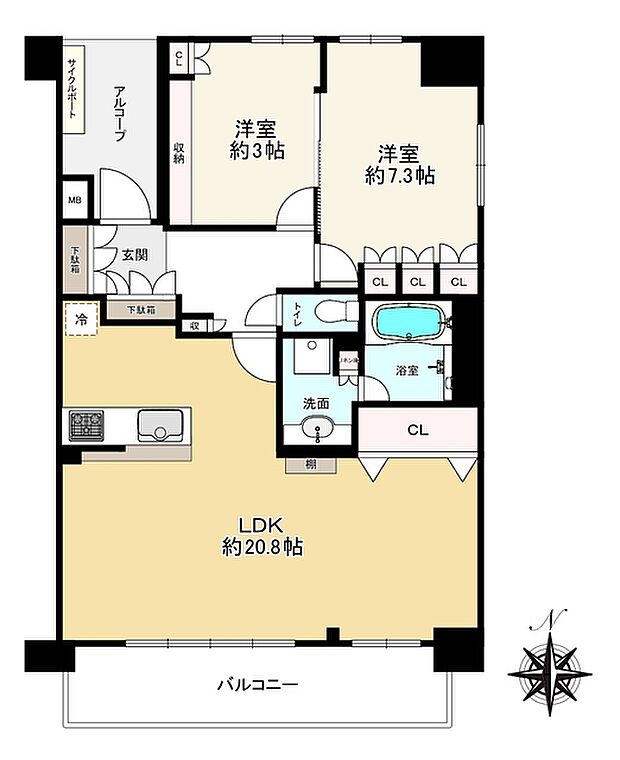 プラウド南堀江(2LDK) 14階の間取り図