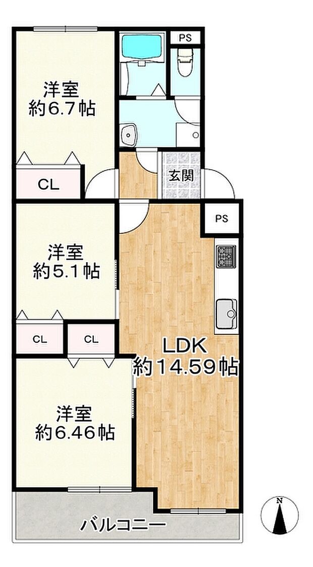 千島第一コーポ壱号棟(3LDK) 5階の間取り図
