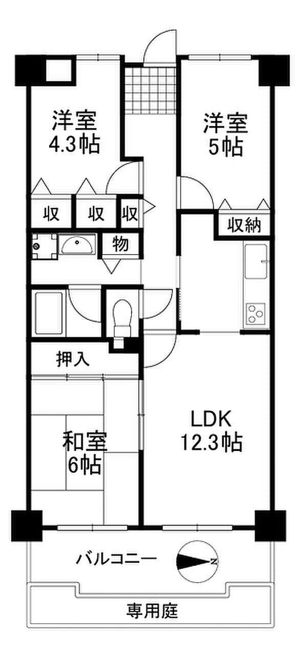 ユニライフ北大阪3号棟(3LDK) 1階の間取り図