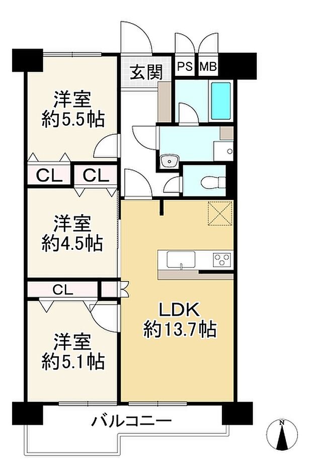 シャンボール東三国(3LDK) 4階の間取り図