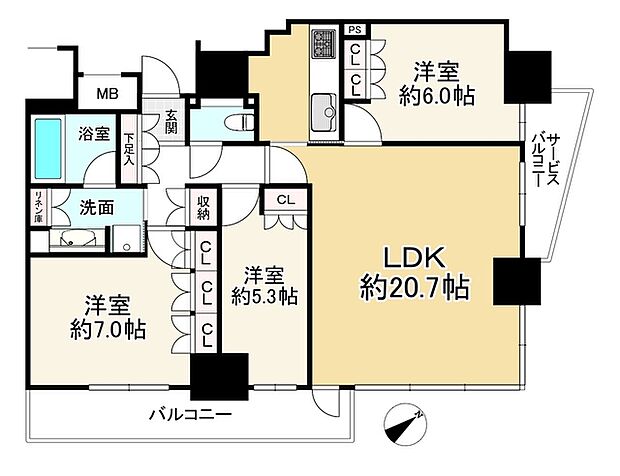 リバーガーデンタワー上町台筆ヶ崎(3LDK) 16階の間取り図