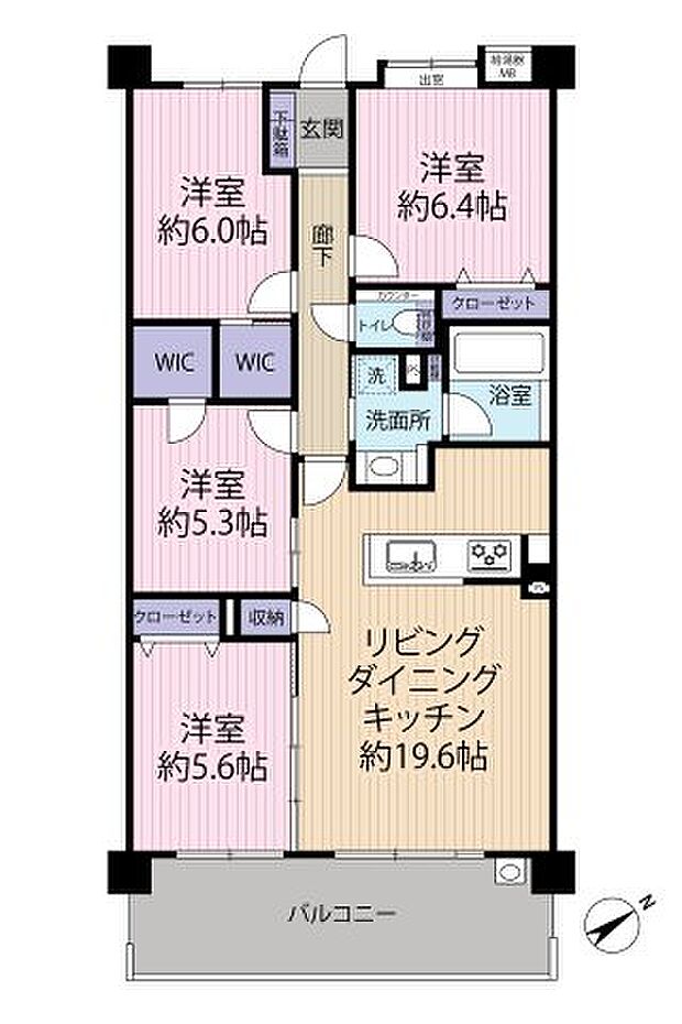 4LDKの間取り　LDKは約19.6帖で広々としています。