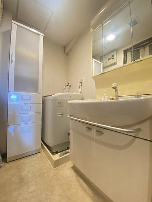 シャワー付き独立洗面台。脱衣所に大型の洗濯機も設置可能です