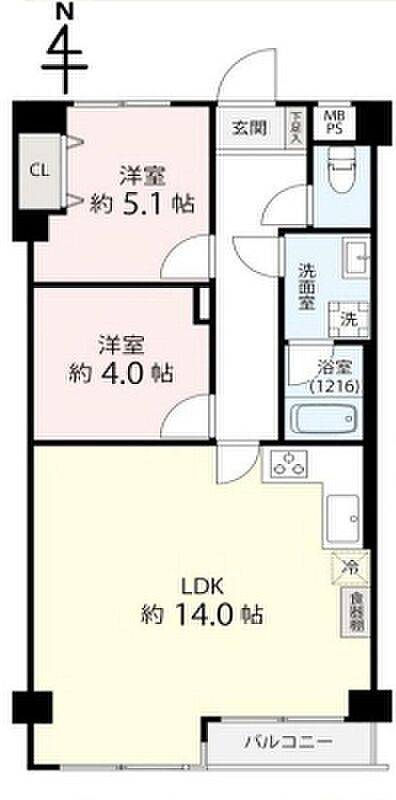 ライオンズマンション小平(2LDK) 1階の間取り図